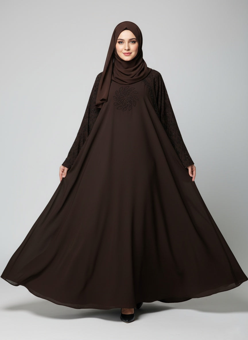 Modern Sparkle-Flower Embellished Abaya with free hijab cap