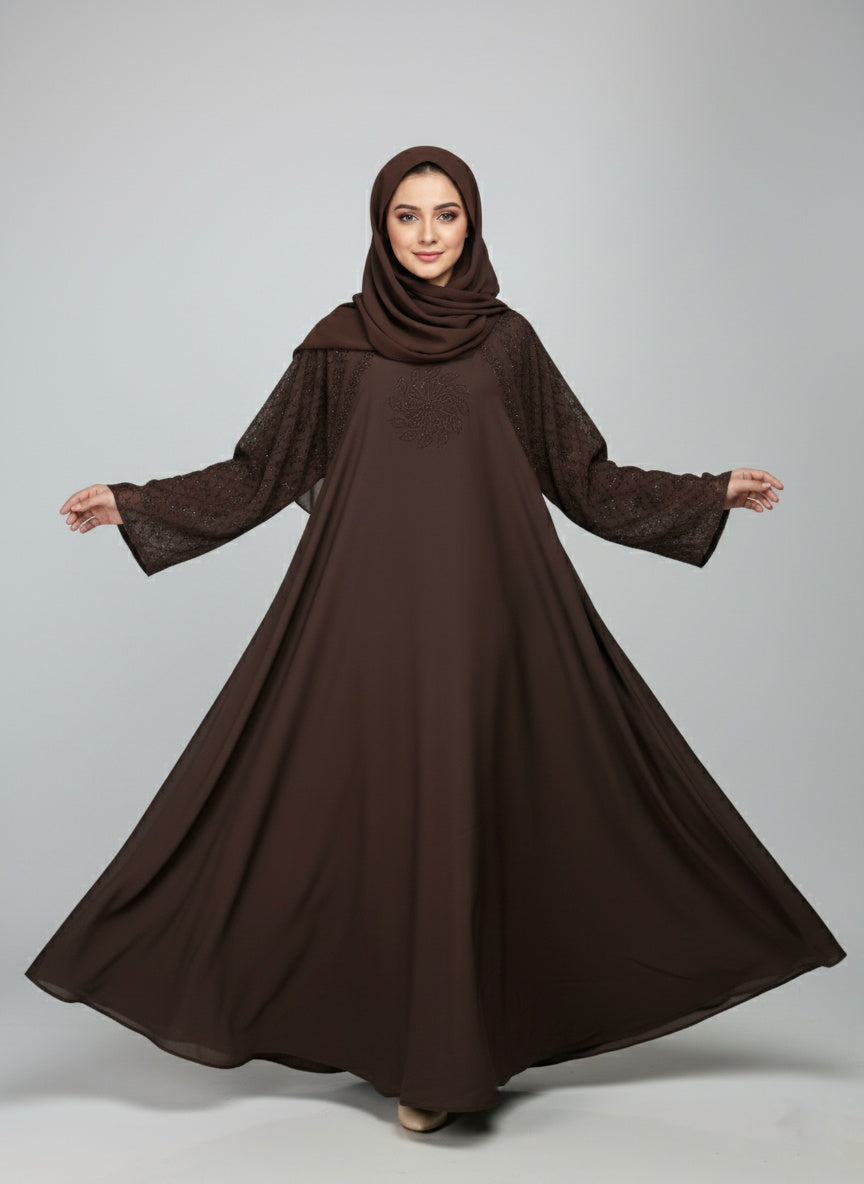 Modern Sparkle-Flower Embellished Abaya with free hijab cap