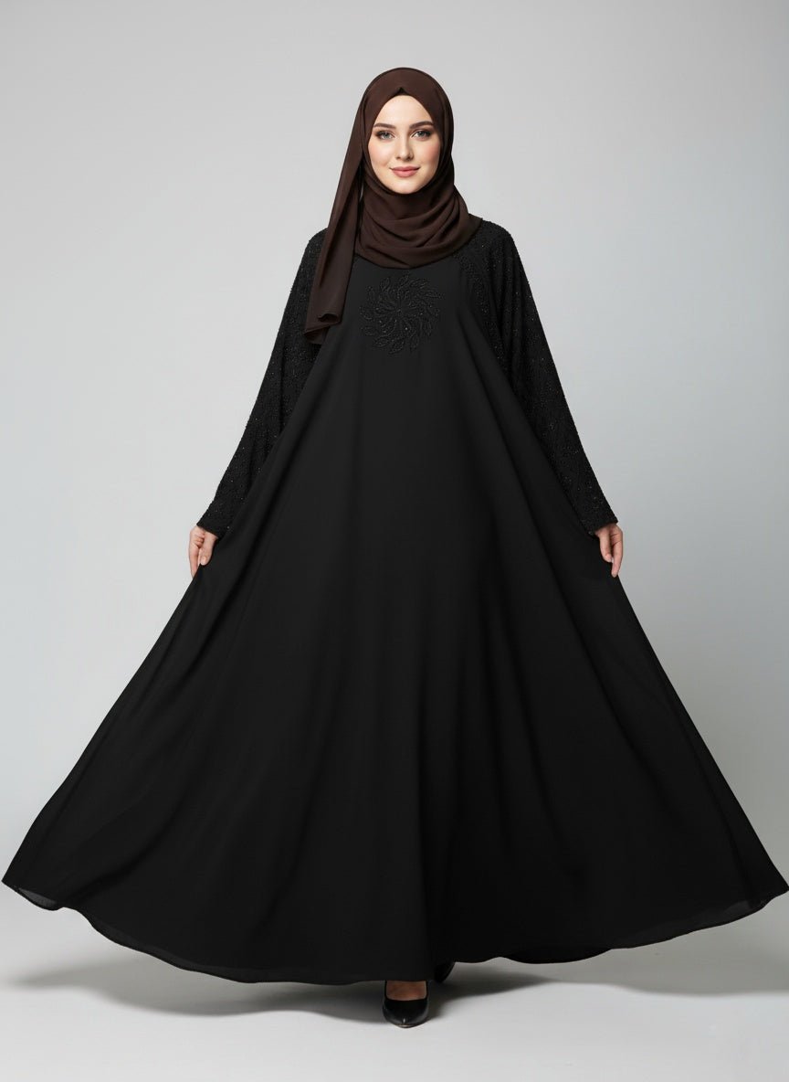 Modern Sparkle-Flower Embellished Abaya with free hijab cap
