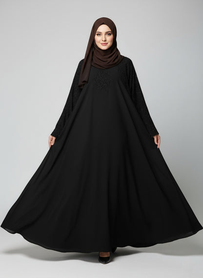 Modern Sparkle-Flower Embellished Abaya with free hijab cap