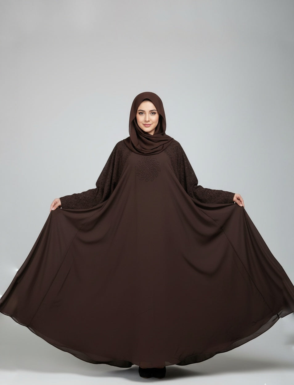 Modern Sparkle-Flower Embellished Abaya with free hijab cap