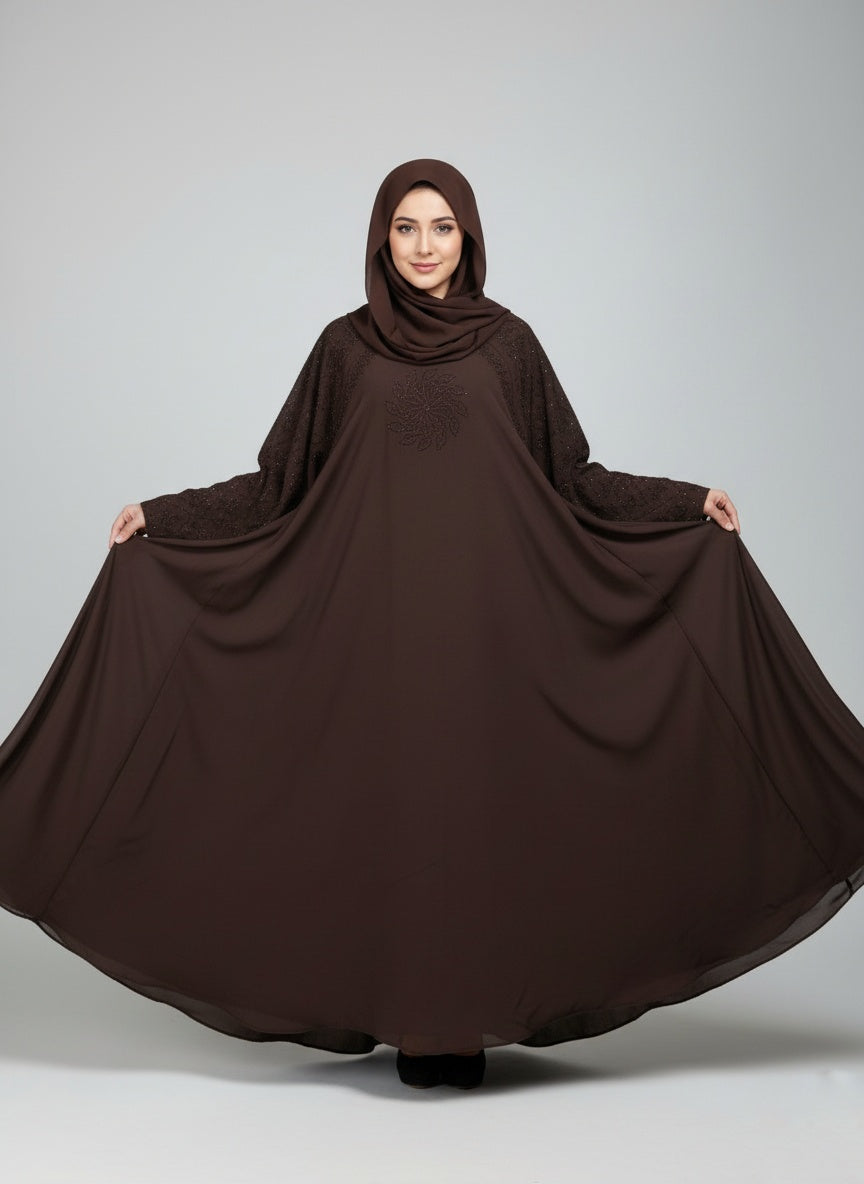 Modern Sparkle-Flower Embellished Abaya with free hijab cap