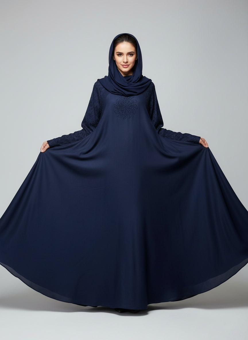Modern Sparkle-Flower Embellished Abaya with free hijab cap