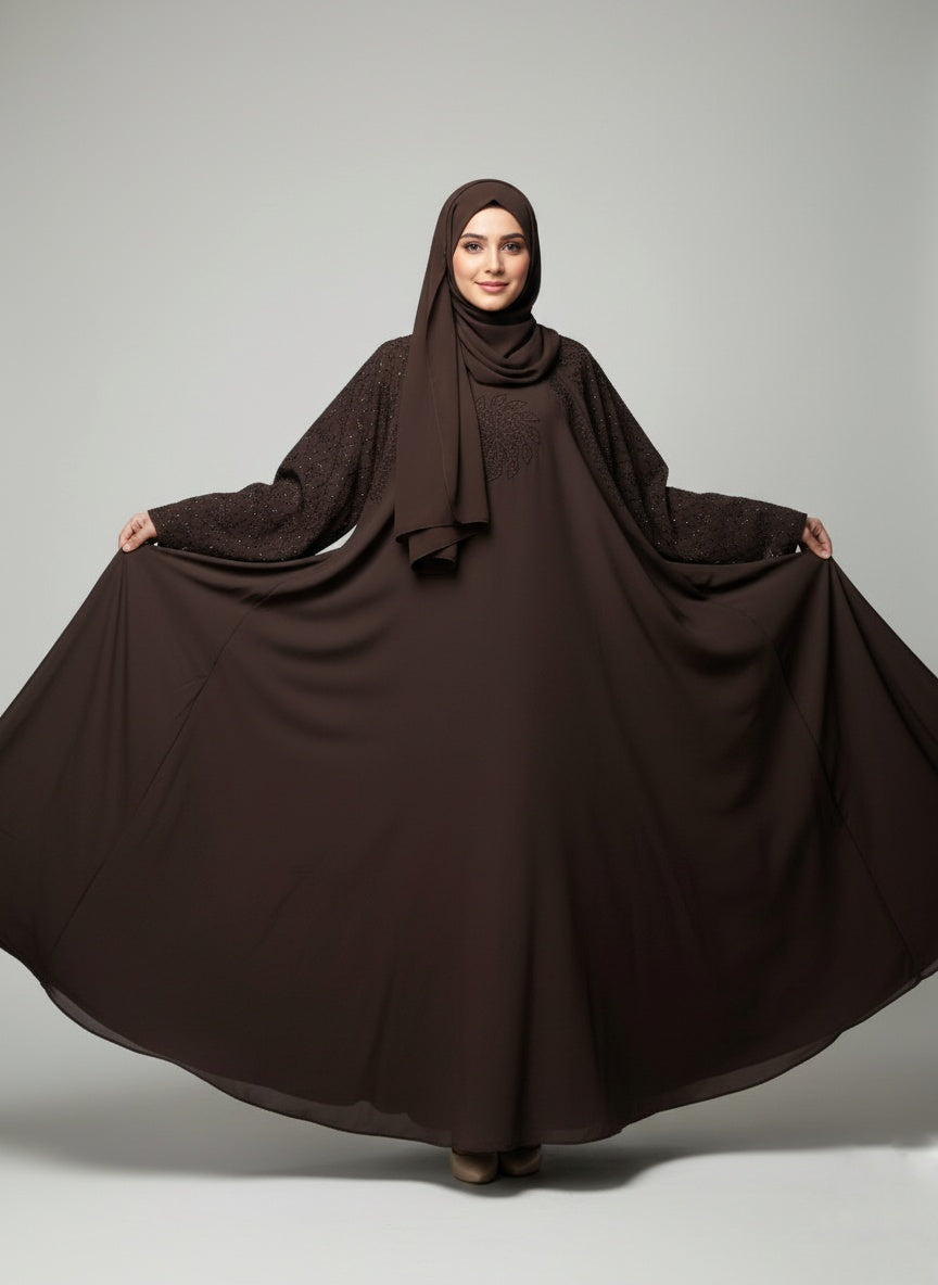 Modern Sparkle-Flower Embellished Abaya with free hijab cap