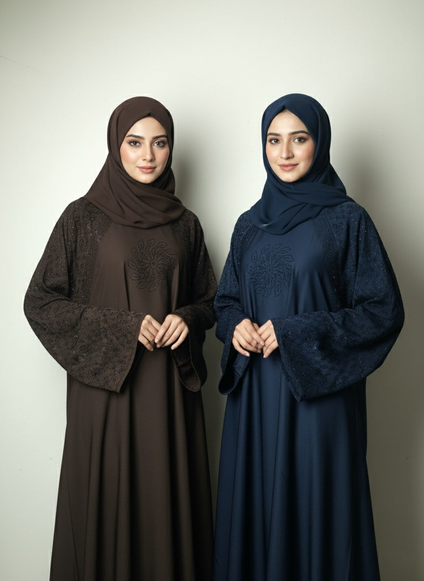 Modern Sparkle-Flower Embellished Abaya with free hijab cap