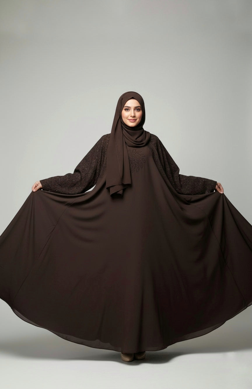 Modern Sparkle-Flower Embellished Abaya with free hijab cap