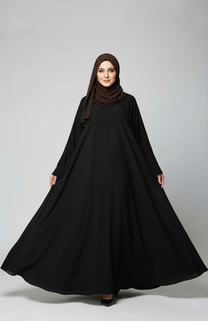 Modern Sparkle-Flower Embellished Abaya with free hijab cap