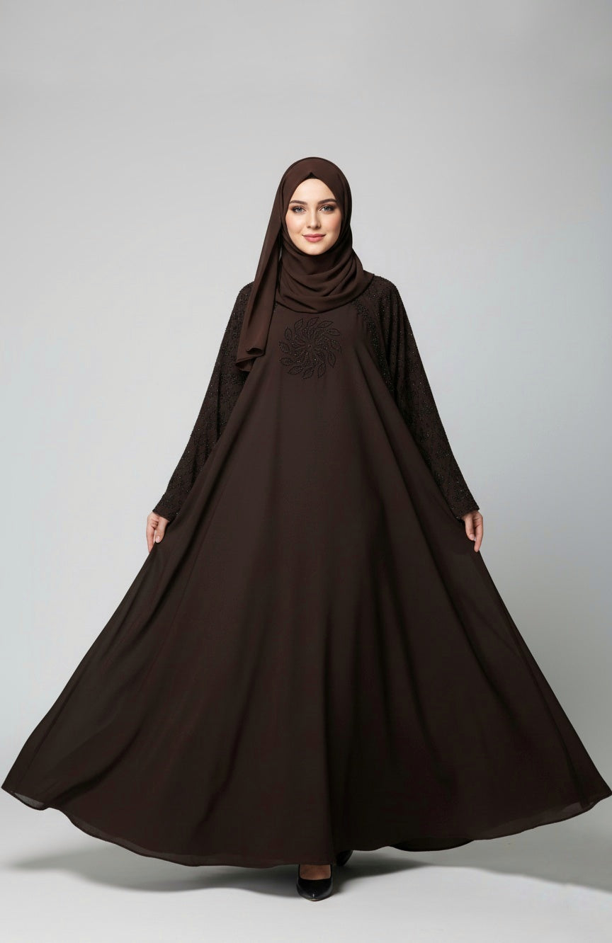 Modern Sparkle-Flower Embellished Abaya with free hijab cap