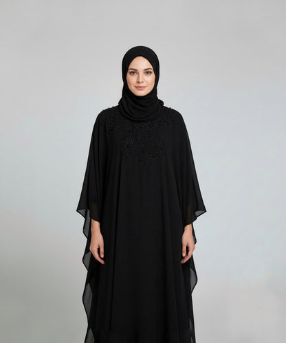 : Elegant Black Kaftan with Double Shefon Abaya with free hijab cap
