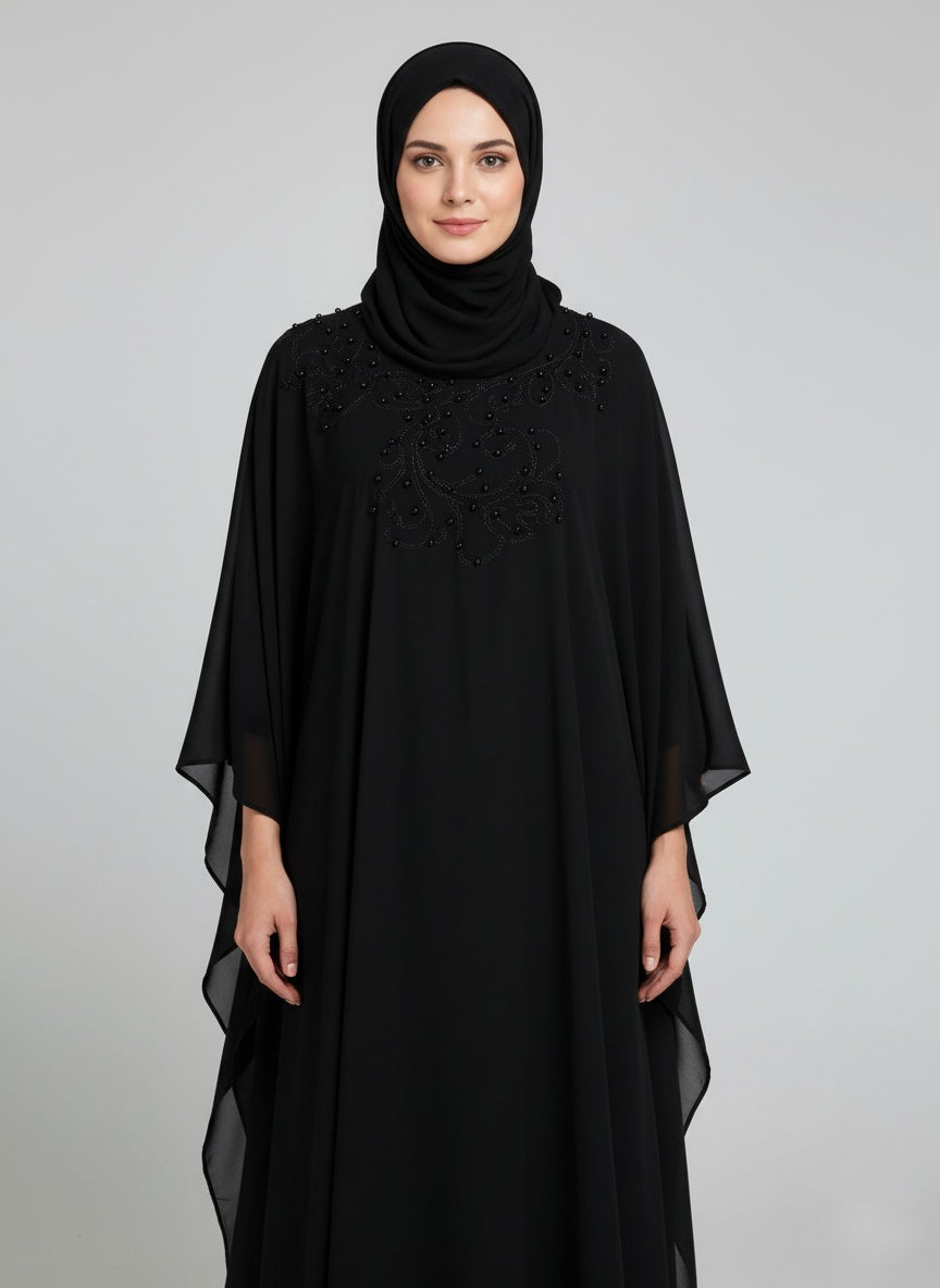 : Elegant Black Kaftan with Double Shefon Abaya with free hijab cap