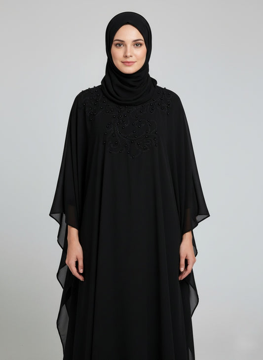 : Elegant Black Kaftan with Double Shefon Abaya with free hijab cap