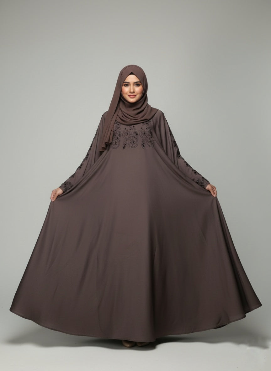 : Dual-Tone Pearl and Stone Embellished Zipper Abaya with free hijab cap