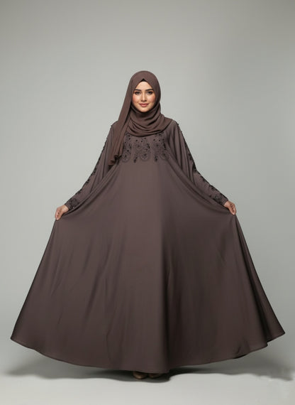 : Dual-Tone Pearl and Stone Embellished Zipper Abaya with free hijab cap