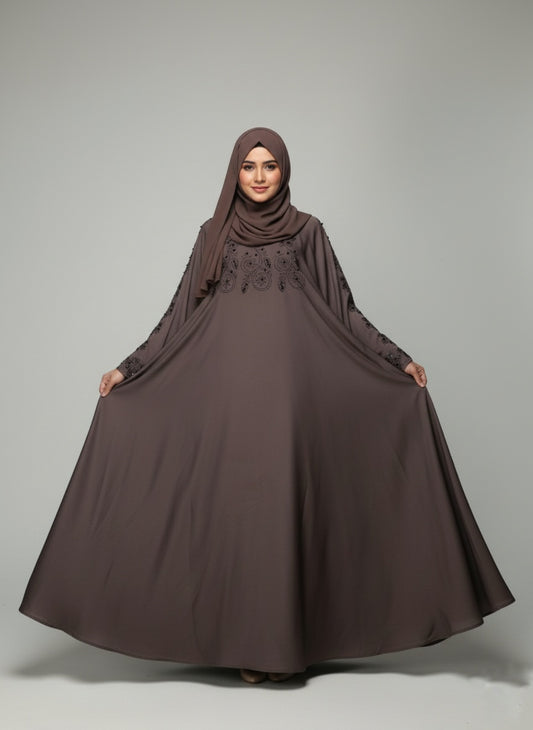 : Dual-Tone Pearl and Stone Embellished Zipper Abaya with free hijab cap