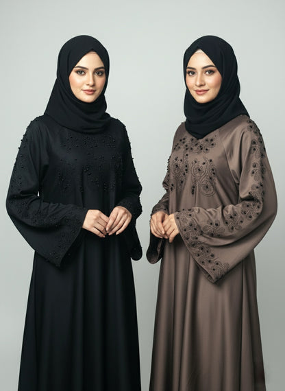 : Dual-Tone Pearl and Stone Embellished Zipper Abaya with free hijab cap