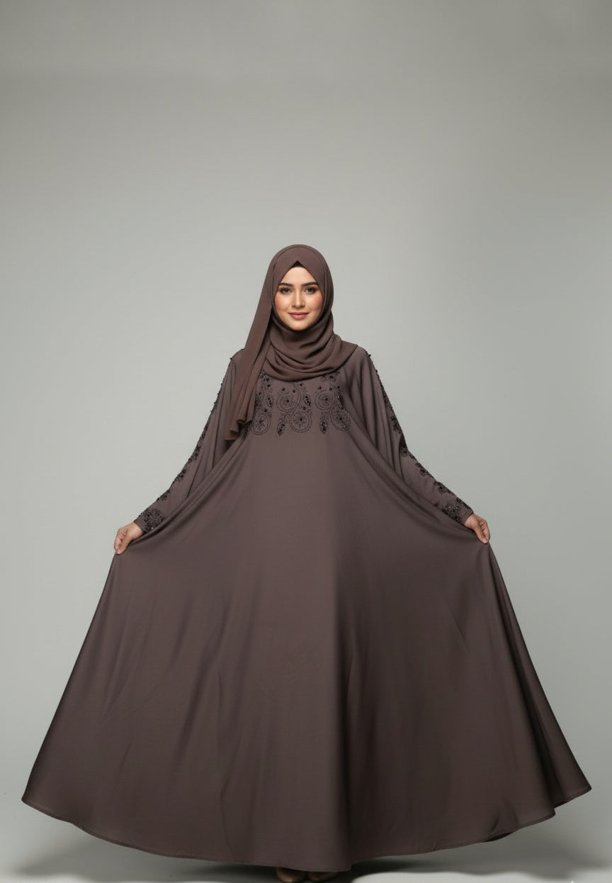 : Dual-Tone Pearl and Stone Embellished Zipper Abaya with free hijab cap
