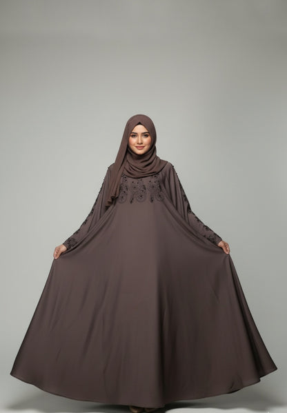 : Dual-Tone Pearl and Stone Embellished Zipper Abaya with free hijab cap